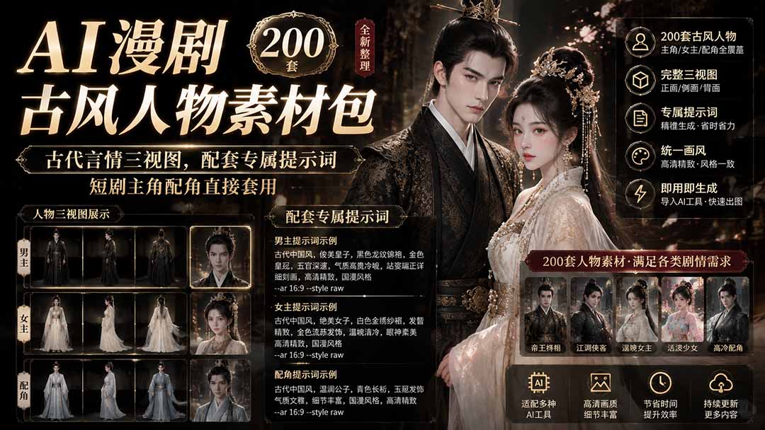 AI漫剧古风人物素材包+提示词｜200 套古代言情三视图，配套专属提示词短剧主角配角直接套用-轻创星球网