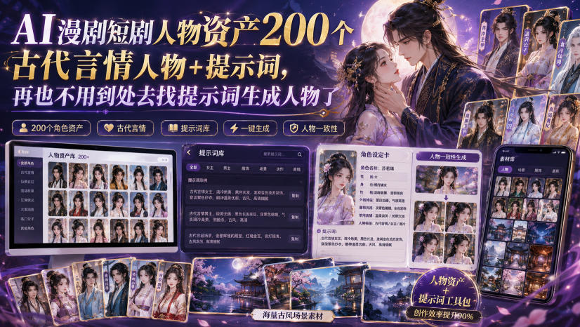AI漫剧短剧人物资产200个古代言情人物+提示词，再也不用到处去找提示词生成人物了-轻创星球网