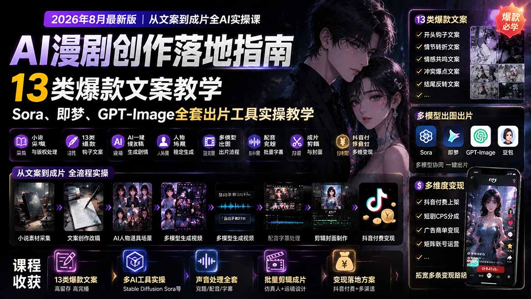 AI漫剧创作落地指南｜13类爆款文案教学，Sora、即梦、GPT-Image全套出片工具实操教学-轻创星球网