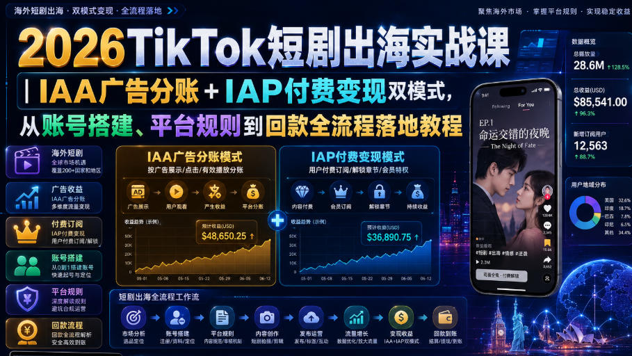 2026TikTok短剧出海实战课｜IAA广告分账+IAP付费变现双模式，从账号搭建、平台规则到回款全流程落地教程-轻创星球网