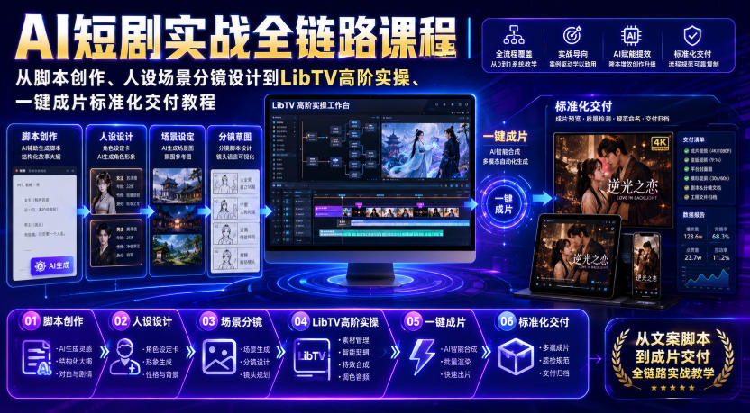 AI短剧实战全链路课程｜从脚本创作、人设场景分镜设计到LibTV高阶实操、一键成片标准化交付教程-轻创星球网