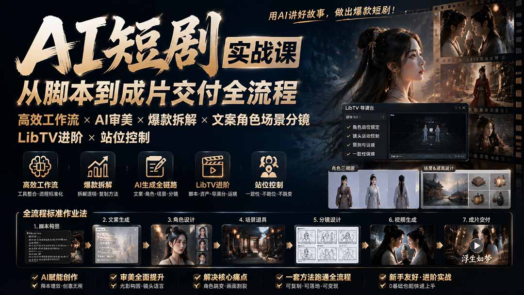 AI短剧实战课：高效工作流×AI审美×爆款拆解×文案角色场景分镜×LibTV进阶×站位控制×从脚本到成片交付全流程-轻创星球网