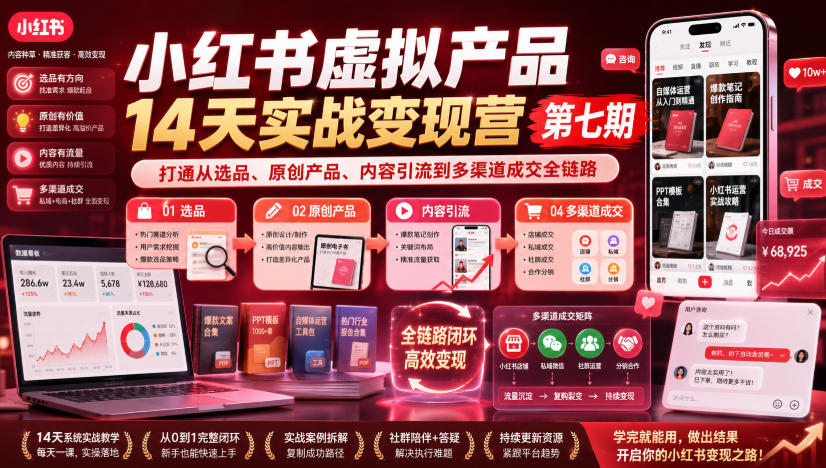 小红书虚拟产品14天实战变现营第七期，打通从选品、原创产品、内容引流到多渠道成交全链路-轻创星球网