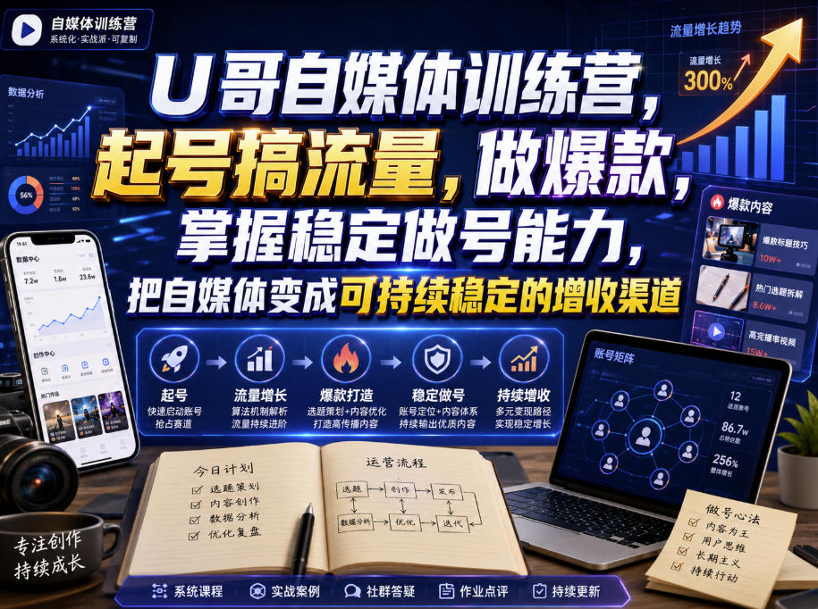 U哥自媒体训练营，起号搞流量，做爆款，掌握稳定做号能力，把自媒体变成可持续稳定的增收渠道-轻创星球网