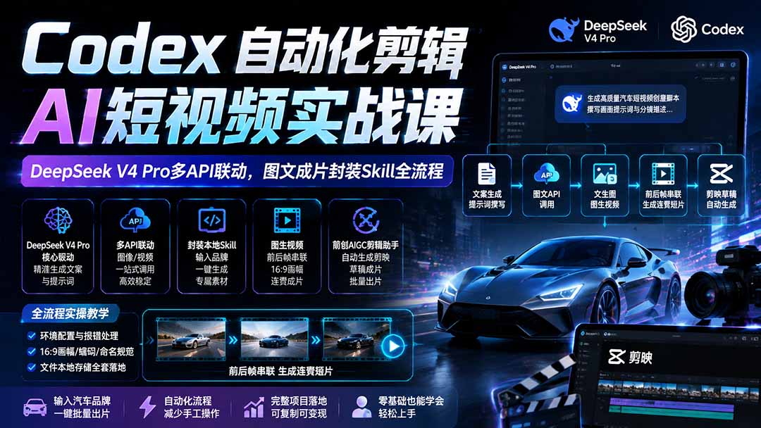Codex自动化剪辑AI短视频实战课｜DeepSeek V4 Pro多API联动，图文成片封装Skill全流程-轻创星球网