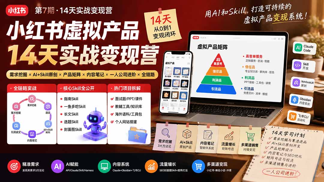 小红书虚拟产品14天实战变现营-第7期：需求挖掘×AI+Skill原创×产品矩阵×内容笔记×一人公司进阶×全链路-轻创星球网