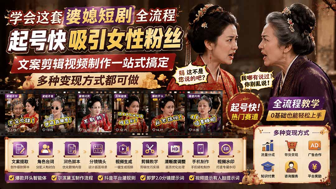 学会这套婆媳短剧全流程：起号快吸引女性粉丝，文案剪辑视频制作一站式搞定，多种变现方式都可做-轻创星球网