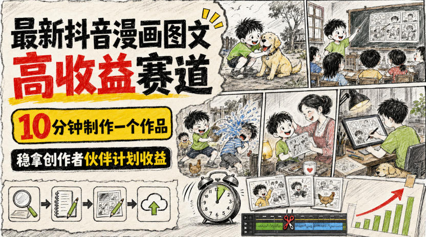 最新抖音漫画图文高收益赛道，10分钟制作一个作品，稳拿创作者伙伴计划收益-轻创星球网