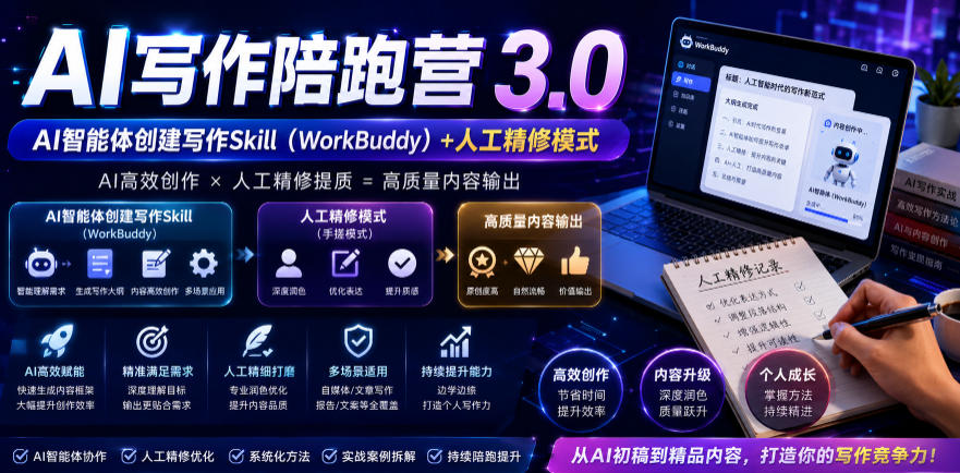 AI写作陪跑营3.0，Ai智能体创建写作skill(workbuddy)+人工手写模式(手搓模式)，去除AI痕迹(头条号、公众号、百家号)(更新0806)-轻创星球网