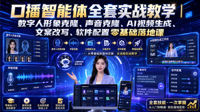 口播智能体全套实战教学｜数字人形象克隆、声音克隆、AI视频生成、文案改写、软件配置零基础落地课-轻创星球网
