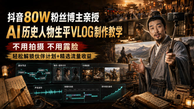 抖音80W粉丝博主的AI历史人物生平VLOG教学，不用拍摄不用露脸，AI帮你搞定，轻松解锁伙伴计划+精选收益-轻创星球网