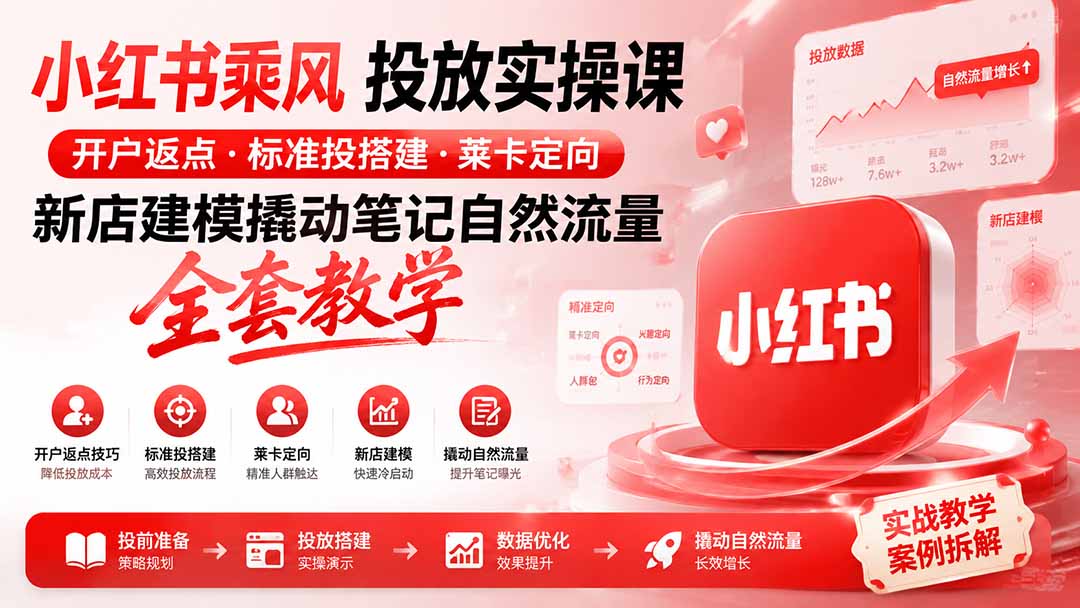 小红书乘风投放-100分钟实操课｜开户返点·标准投搭建·莱卡定向，新店建模撬动笔记自然流量全套教学-轻创星球网