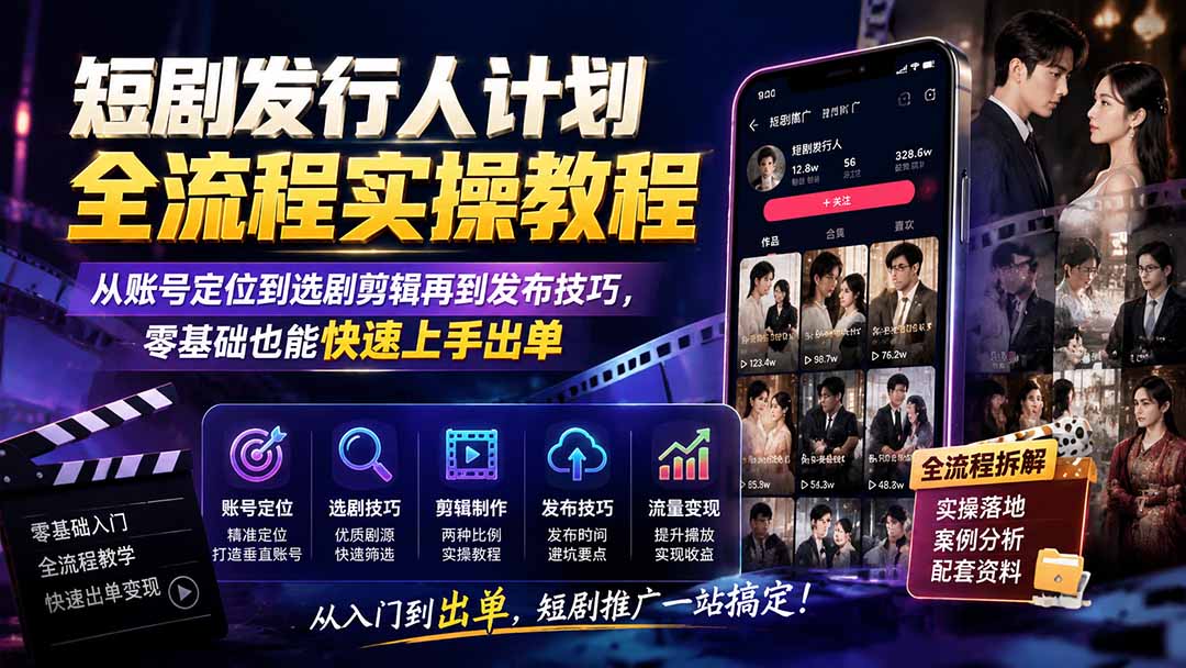 短剧发行人计划全流程实操教程；从账号定位到选剧剪辑再到发布技巧，零基础也能快速上手出单-轻创星球网