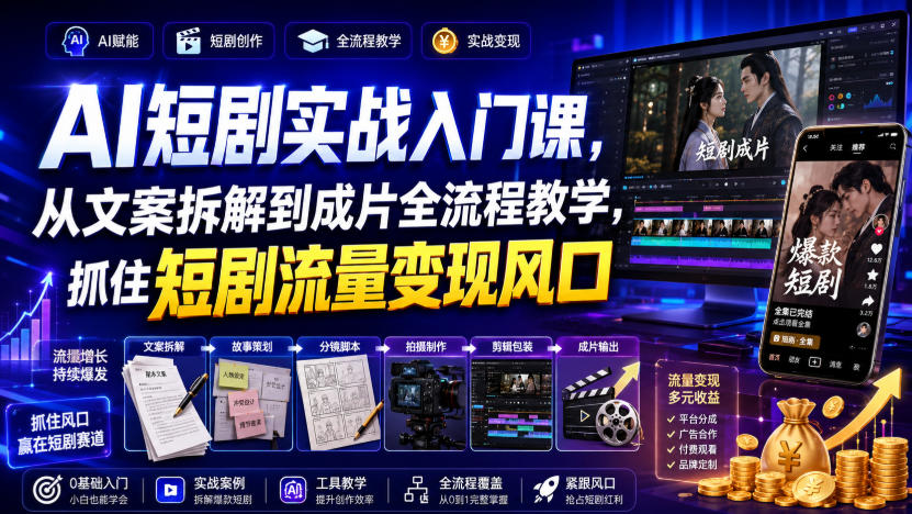 AI短剧实战入门课，从文案拆解到成片全流程教学，抓住短剧流量变现风口-轻创星球网