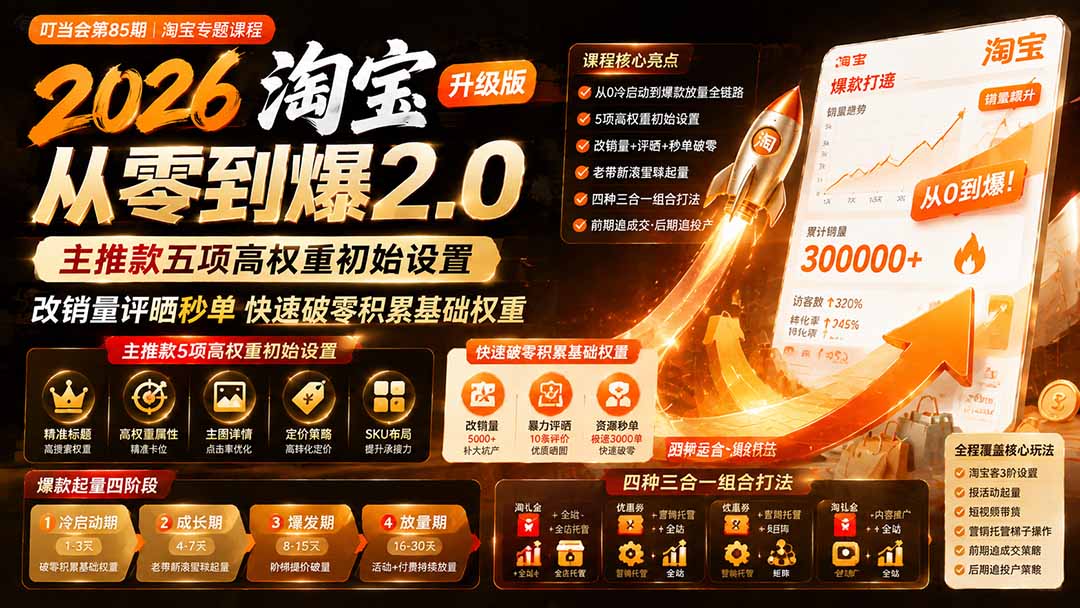 2026淘宝从零到爆2.0第85期；主推款五项高权重初始设置，改销量评晒秒单快速破零积累基础权重-轻创星球网
