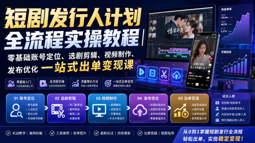 短剧发行人计划全流程实操教程｜零基础账号定位、选剧剪辑、视频制作、发布优化一站式出单变现课​-轻创星球网