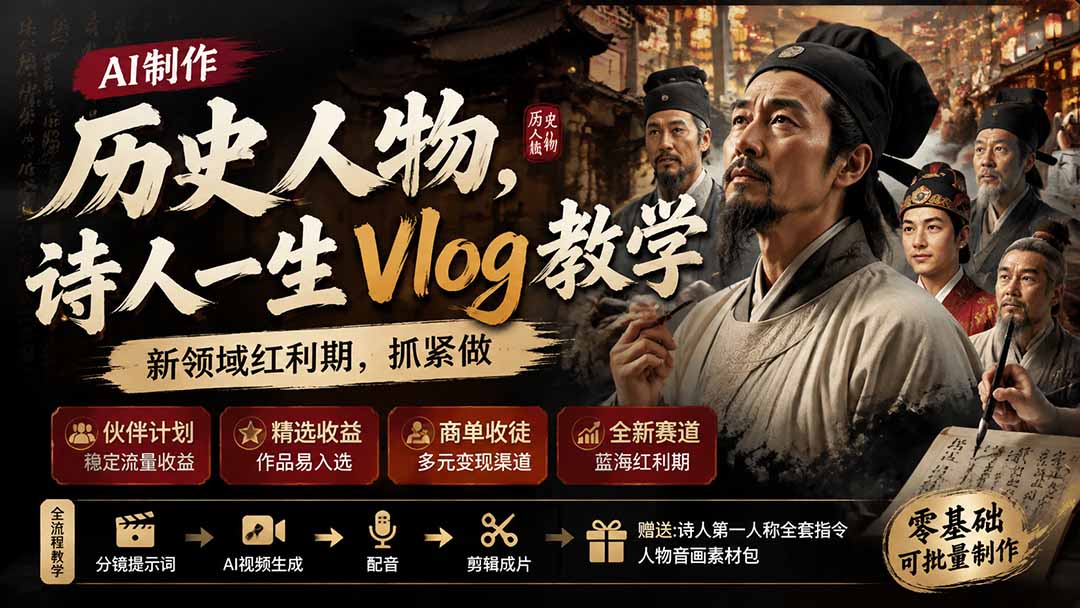 历史人物，诗人一生Vlog教学， AI制作丨伙伴计划丨精选收益丨商单收徒 ，新领域红利期，抓紧做-轻创星球网