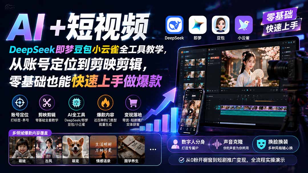 AI+短视频｜DeepSeek即梦豆包小云雀全工具教学，从账号定位到剪映剪辑，零基础也能快速上手做爆款-轻创星球网