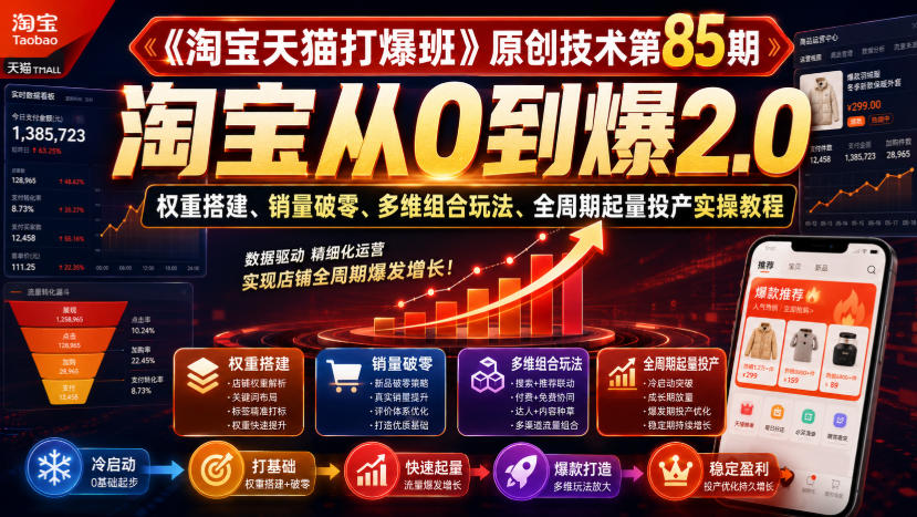 《淘宝天猫打爆班》原创技术第85期，淘宝从0到爆2.0，权重搭建、销量破零、多维组合玩法、全周期起量投产实操教程-轻创星球网