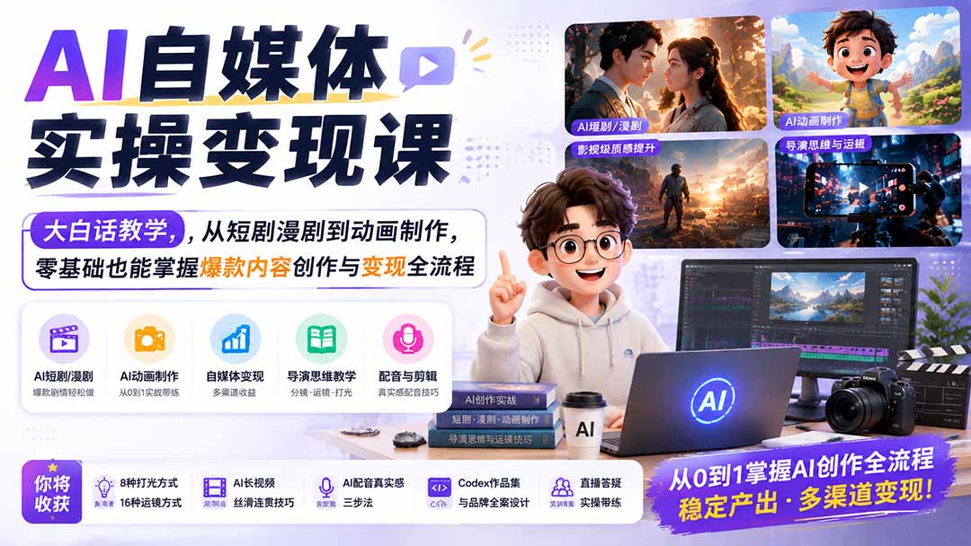 AI自媒体实操变现课｜大白话教学，从短剧漫剧到动画制作，零基础也能掌握爆款内容创作与变现全流程-轻创星球网