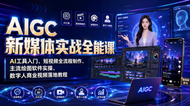 AIGC新媒体实战全能课｜AI工具入门、短视频全流程制作、主流绘图软件实操、数字人商业视频落地教程-轻创星球网