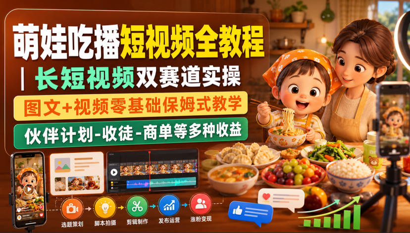 萌娃吃播短视频全教程｜长短视频双赛道实操，图文+视频零基础保姆式教学，伙伴计划-收徒-商单等多种变现方式-轻创星球网