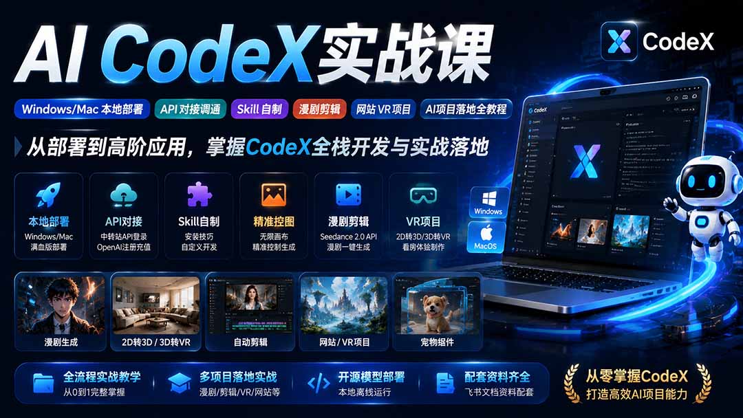 AI  CodeX实战课｜Windows/Mac 本地部署｜API 对接调通｜Skill 自制｜漫剧剪辑｜网站 VR 项目｜AI项目落地全教程-轻创星球网
