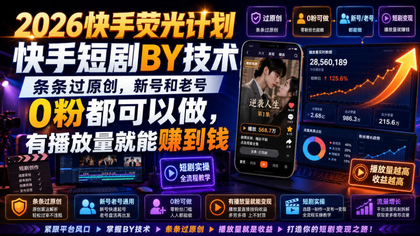 2026快手荧光计划，快手短剧搬运技术，条条过原创，新号和老号0粉都可以做，有播放量就能賺到钱-轻创星球网