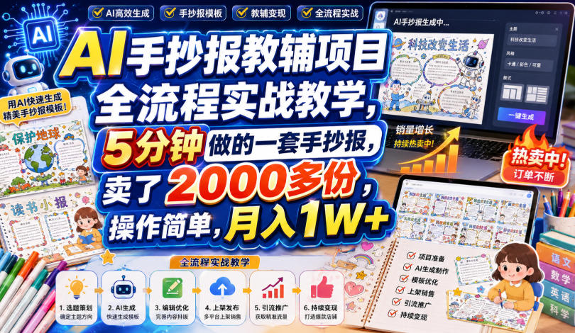AI手抄报教辅项目全流程实战教学，5分钟做的一套手抄报，卖了2000多份，操作简单，月入1W+-轻创星球网