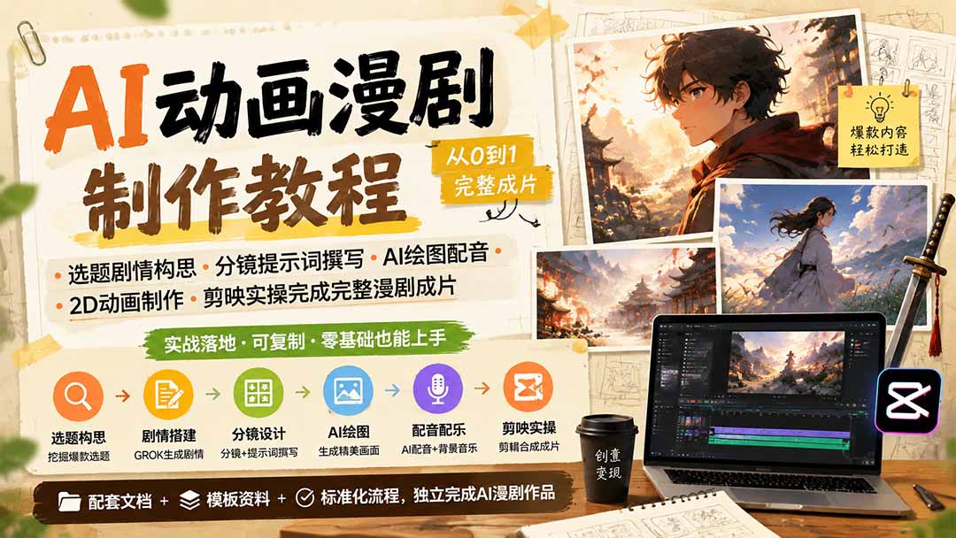 AI动画漫剧制作教程｜选题剧情构思·分镜提示词撰写·AI绘图配音·2D动画制作·剪映实操完成完整漫剧成片-轻创星球网