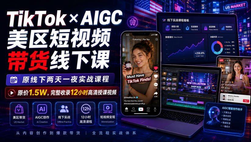 TikTok×AIGC美区短视频带货线下课，原线下两天一夜实战课程，原价1.5W，完整收录12小时高清授课视频-轻创星球网
