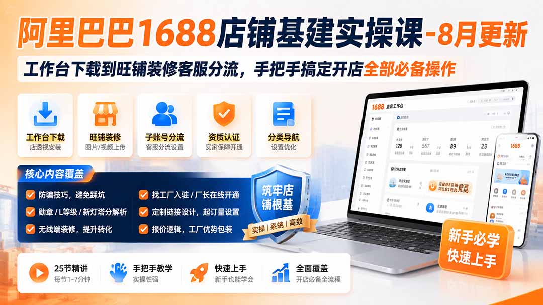 阿里巴巴1688店铺基建实操课-8月更新；工作台下载到旺铺装修客服分流，手把手搞定开店全部必备操作-轻创星球网