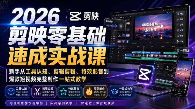 2026剪映零基础速成实战课｜新手从工具认知、剪辑剪辑、特效配音到爆款短视频完整制作一站式教学-轻创星球网