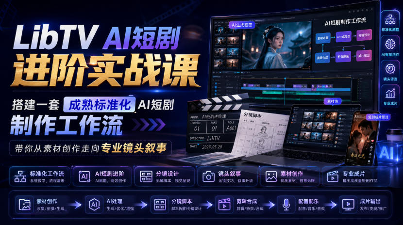 LibTV AI短剧进阶实战课，搭建一套成熟标准化AI短剧制作工作流，带你从素材创作走向专业镜头叙事-轻创星球网