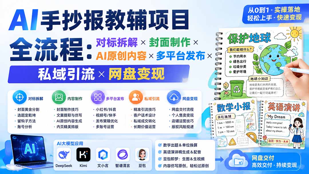 AI手抄报教辅项目全流程：对标拆解×封面制作×AI原创内容×多平台发布×私域引流×网盘变现-轻创星球网