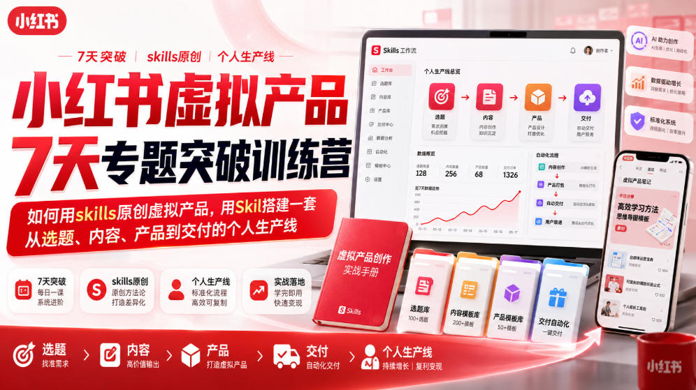小红书虚拟产品7天专题突破训练营，如何用skills原创虚拟产品，用Skil搭建一套从选题、内容、产品到交付的个人生产线-轻创星球网