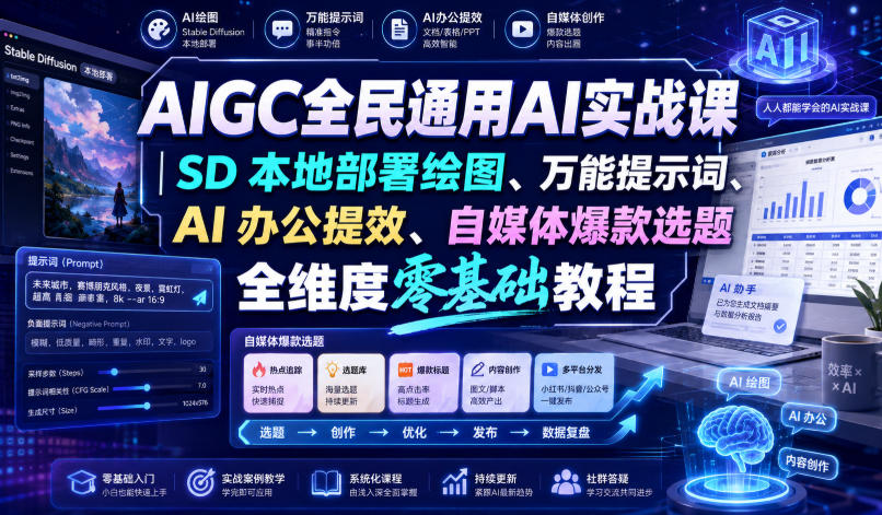 AIGC全民通用AI实战课｜SD本地部署绘图、万能提示词、AI办公提效、自媒体爆款选题全维度零基础教程-轻创星球网