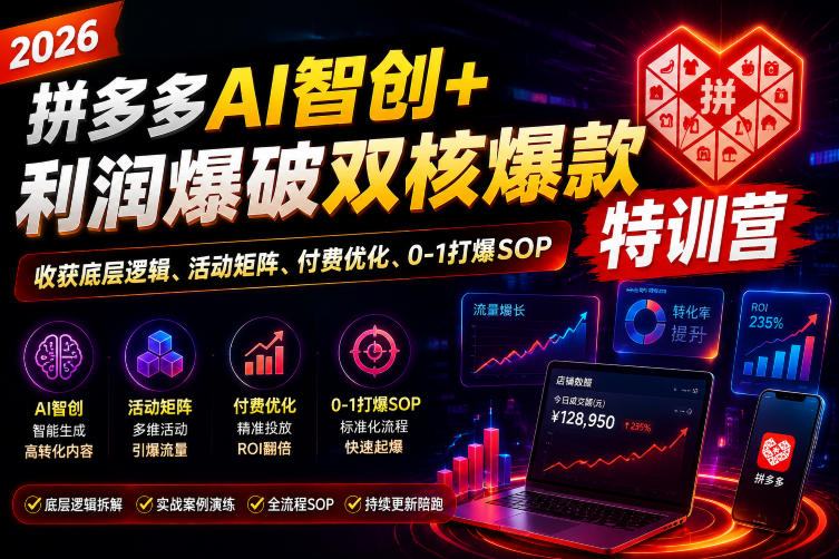2026拼多多AI智创+利润爆破双核爆款特训营，收获底层逻辑、活动矩阵、付费优化、0-1打爆SOP(更新0810)-轻创星球网