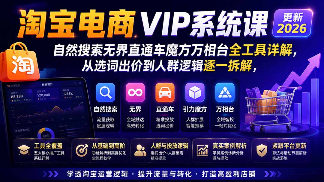 淘宝电商VIP系统课-更新8月；自然搜索无界直通车魔方万相台全工具详解，从选词出价到人群逻辑逐一拆解-轻创星球网