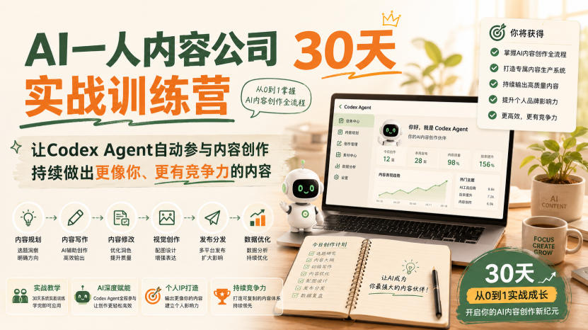 AI一人内容公司30天实战训练营，让Codex Agent自动参与内容创作持续做出更像你、更有竞争力的内容-轻创星球网