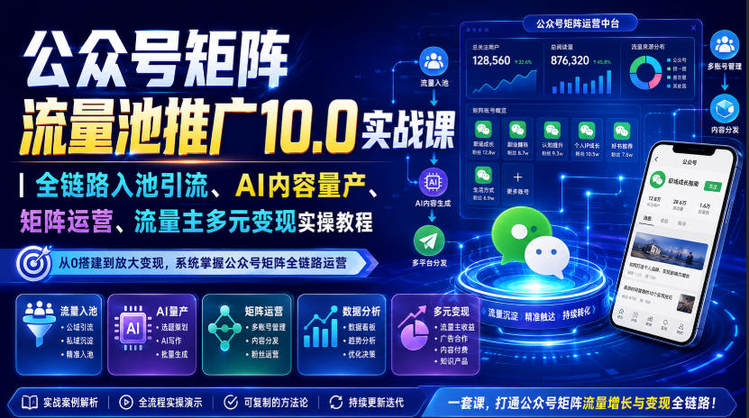 公众号矩阵流量池推广10.0实战课｜全链路入池引流、AI内容量产、矩阵运营、流量主多元变现实操教程-轻创星球网