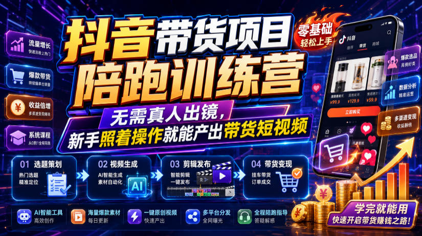 抖音带货项目陪跑训练营，无需真人出镜，新手照着操作就能产出带货短视频(更新0811)-轻创星球网