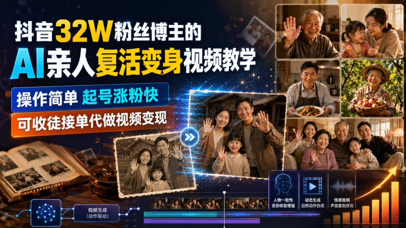 抖音32W粉丝博主的AI亲人复活变身视频教学，操作简单，起号涨粉快，可收徒接单代做视频变现-轻创星球网