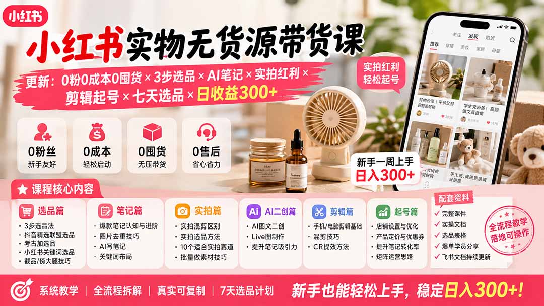 小红书实物无货源带货课-更新：0粉0成本0囤货×3步选品×AI笔记×实拍红利×剪辑起号×七天选品×日收益300+-轻创星球网