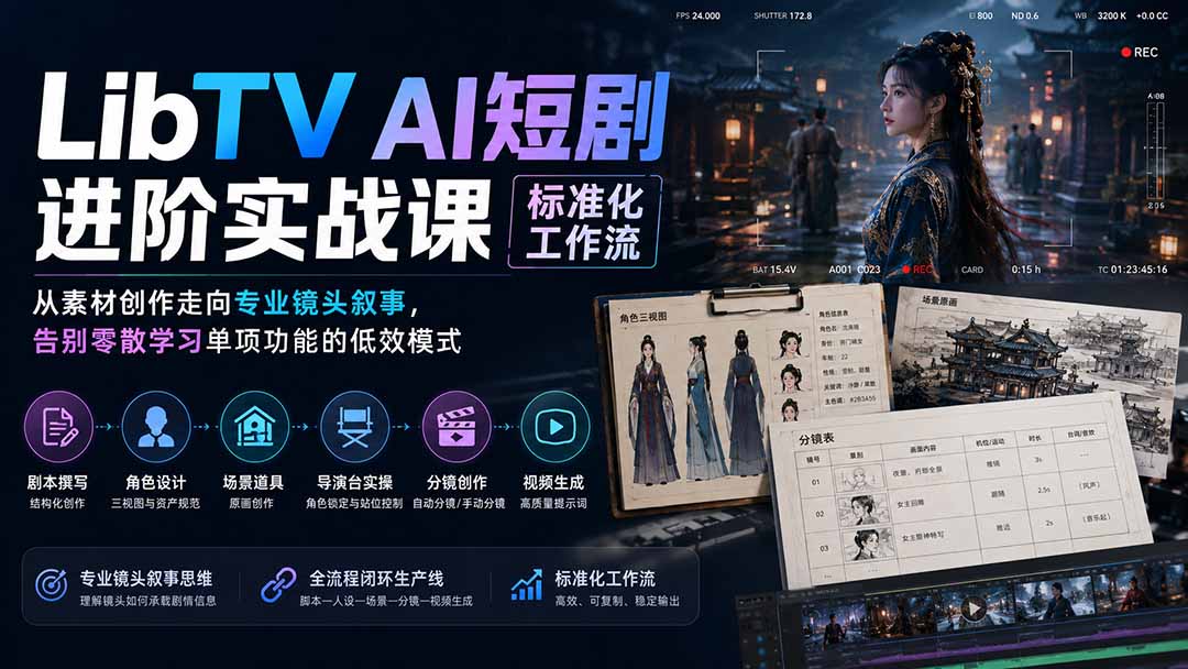 LibTV AI短剧进阶实操课标准化工作流；从素材创作走向专业镜头叙事，告别零散学习单项功能的低效模式-轻创星球网