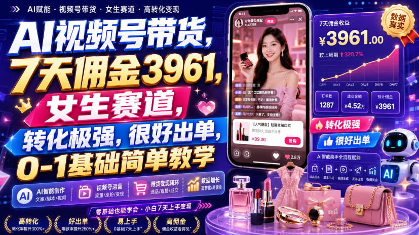 AI视频号带货，7天佣金3961，女生赛道，转化极强，很好出单，0-1基础简单教学-轻创星球网