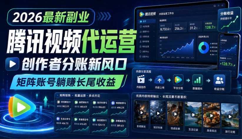 2026最新副业之腾讯视频代运营：创作者分账新风口，矩阵账号躺賺长尾收益【揭秘】-轻创星球网