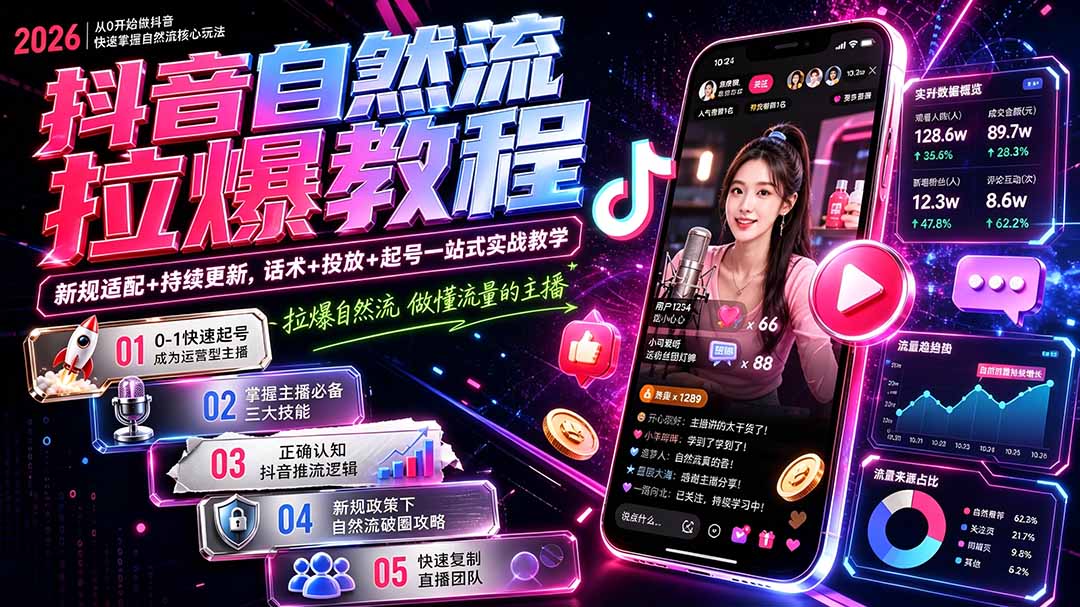 抖音自然流拉爆教程-更新8月：做懂流量的主播，新规适配+持续更新，话术+投放+起号一站式实战教学-轻创星球网
