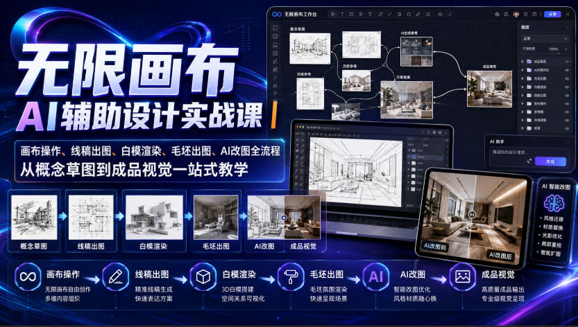 无限画布AI辅助设计实战课｜画布操作、线稿出图、白模渲染、毛坯出图、AI改图全流程，从概念草图到成品视觉一站式教学-轻创星球网
