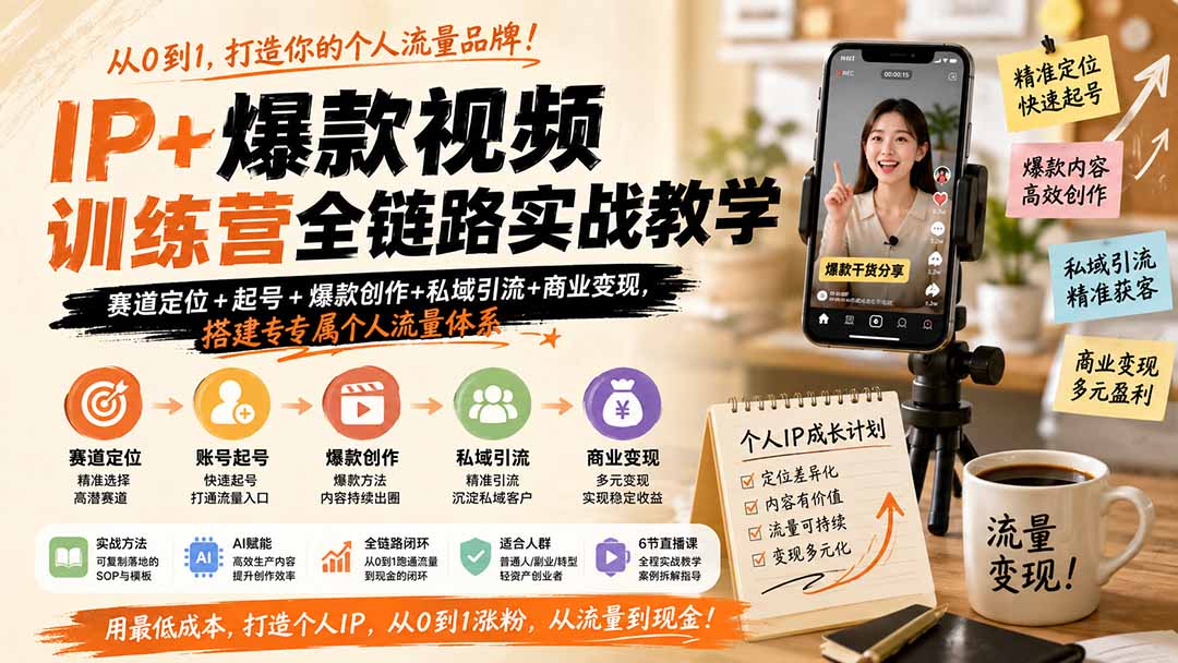 IP+爆款视频训练营全链路实战教学；赛道定位+起号+爆款创作+私域引流+商业变现，搭建专属个人流量体系-轻创星球网
